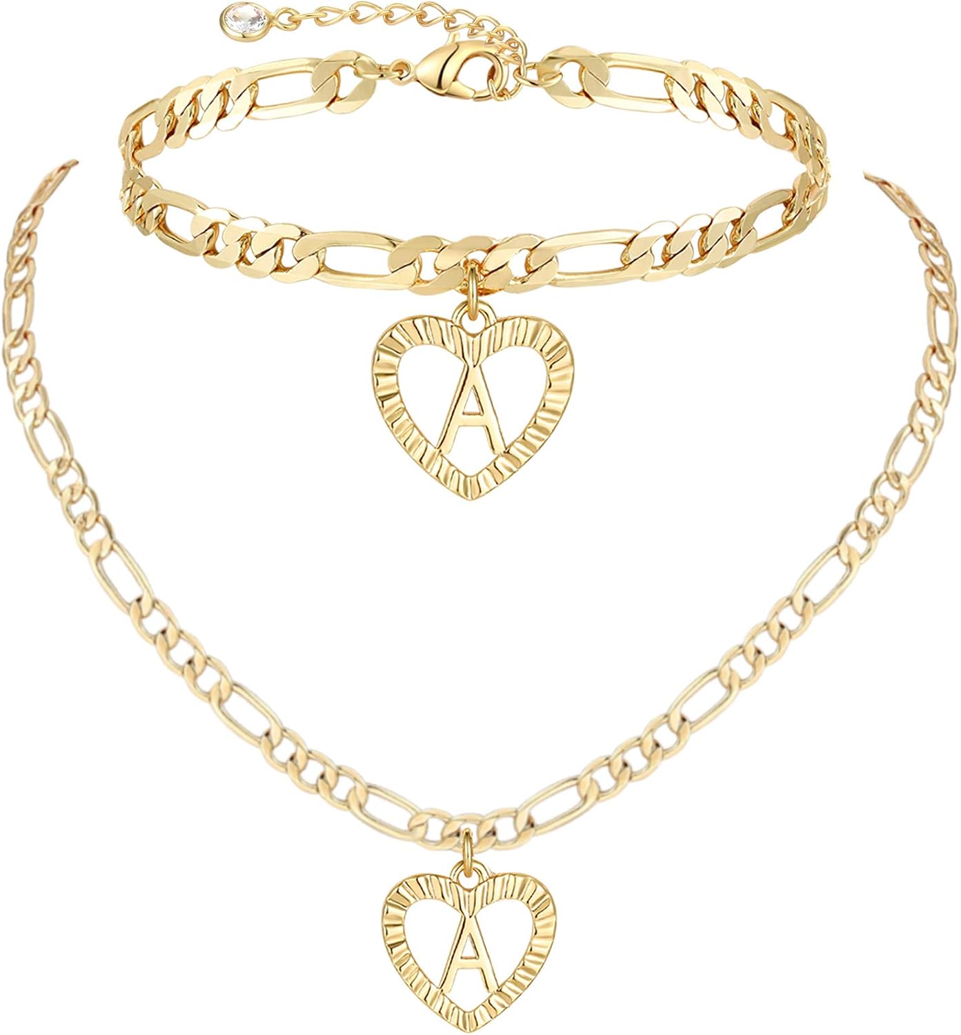 Gold Initial Pendant Necklace Anklet Bracelet for Women 14K Gold Plated Figaro Chain Letter Initial Heart Necklace Anklets Alphabet Foot Jewelry - main view