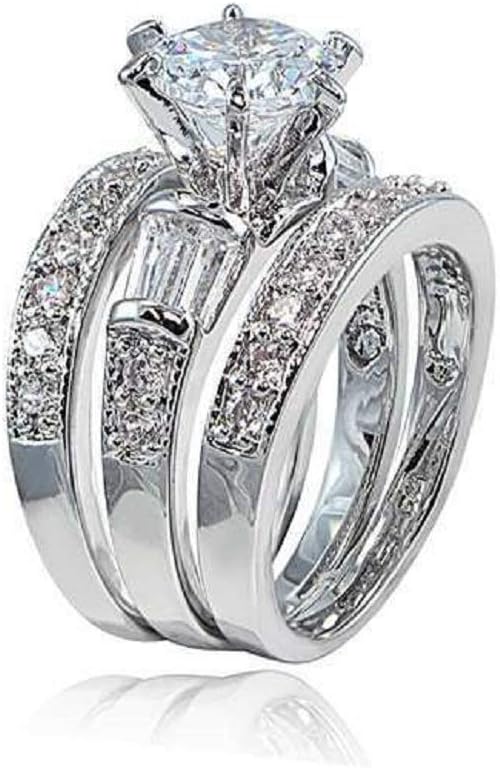 925 Sterling Silver Bridal Ring Sets Emerald Cut CZ Engagement Rings Vintage Promise Rings Platinum Big Women CZ Rings Set Bling Princess Cut Cubic - main view