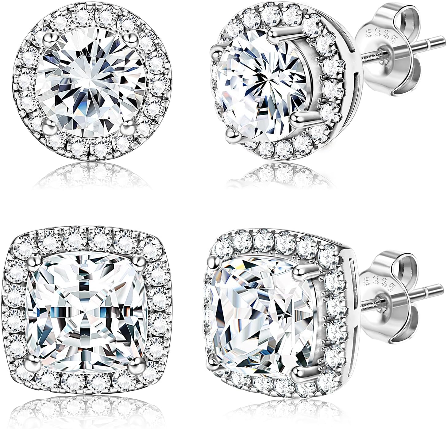 18K Gold Plated Halo Stud Earrings 925 Sterling Silver Cubic Zirconia Stud Earrings Round Square Diamonique Stud Earrings Set for Women - main view