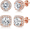 18K Gold Plated Halo Stud Earrings 925 Sterling Silver Cubic Zirconia Stud Earrings Round Square Diamonique Stud Earrings Set for Women - Rose Gold&White