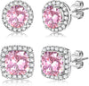 18K Gold Plated Halo Stud Earrings 925 Sterling Silver Cubic Zirconia Stud Earrings Round Square Diamonique Stud Earrings Set for Women - Silver&Pink