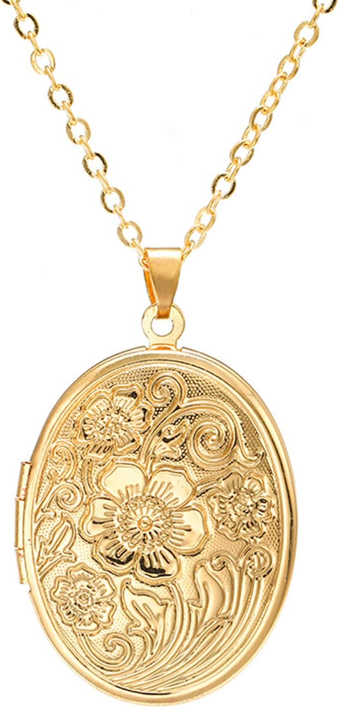 Vintage Engraved Flower Empaistic Photo Locket Hold Picture Oval Round Pendant Necklace Antique Carved Pattern Souvenir Memorial Clavicle Jewelry for - main view