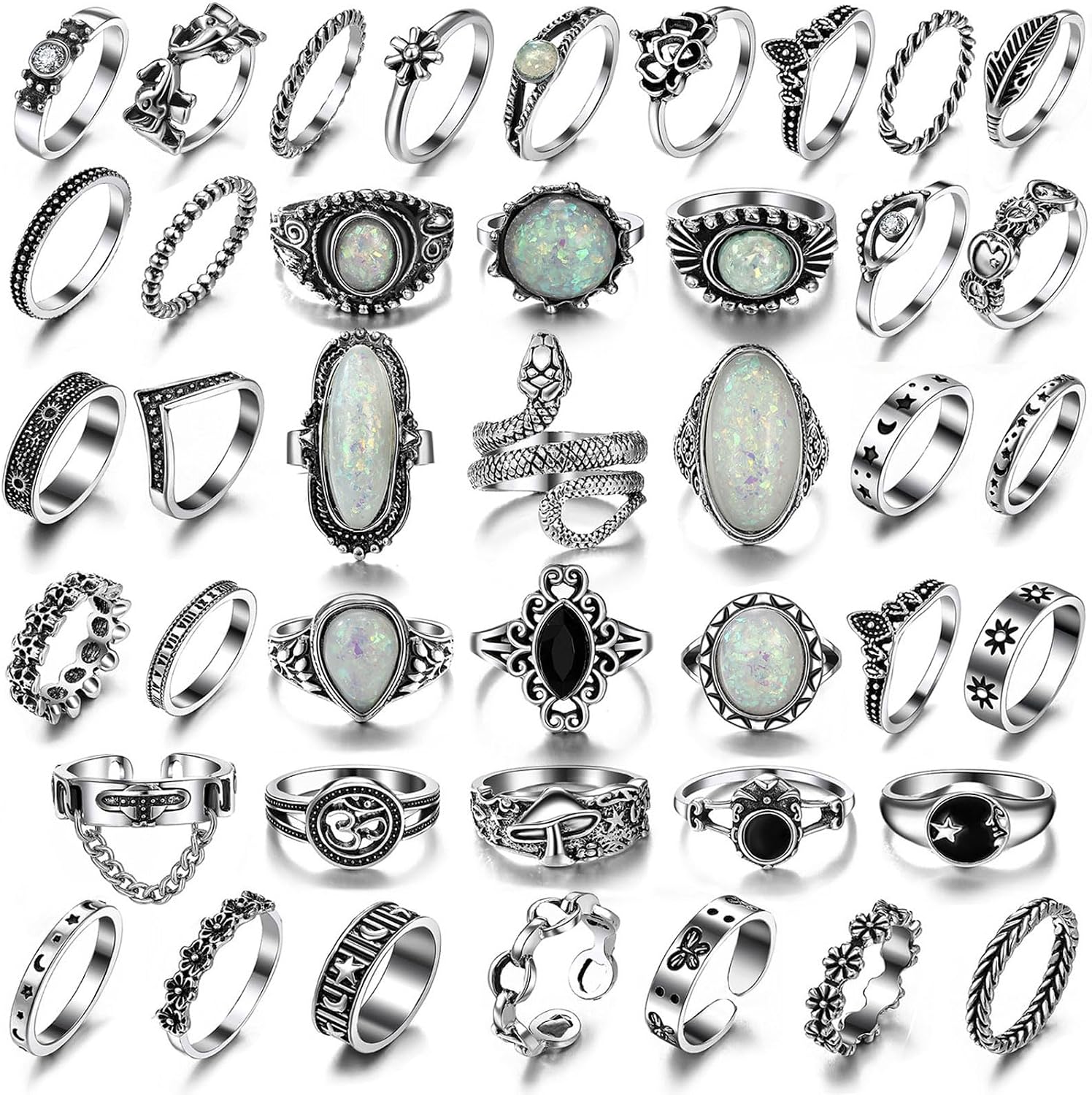 Vintage Silver Knuckle Rings Set for Women, Chunky Boho Rings - main view