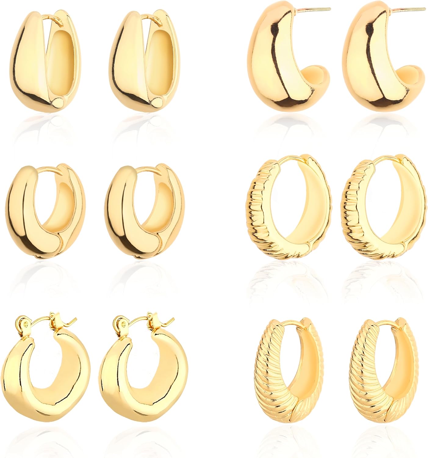 6 Pairs Chunky Gold Hoop Earrings for Women, 14K Gold Plated Hoop Earrings, Thick Lightweight Twisted Huggie Hoops Earring Set for Women’s Jewelry - main view