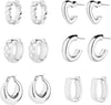 6 Pairs Chunky Gold Hoop Earrings for Women, 14K Gold Plated Hoop Earrings, Thick Lightweight Twisted Huggie Hoops Earring Set for Women’s Jewelry - 6 Silver Hoops set