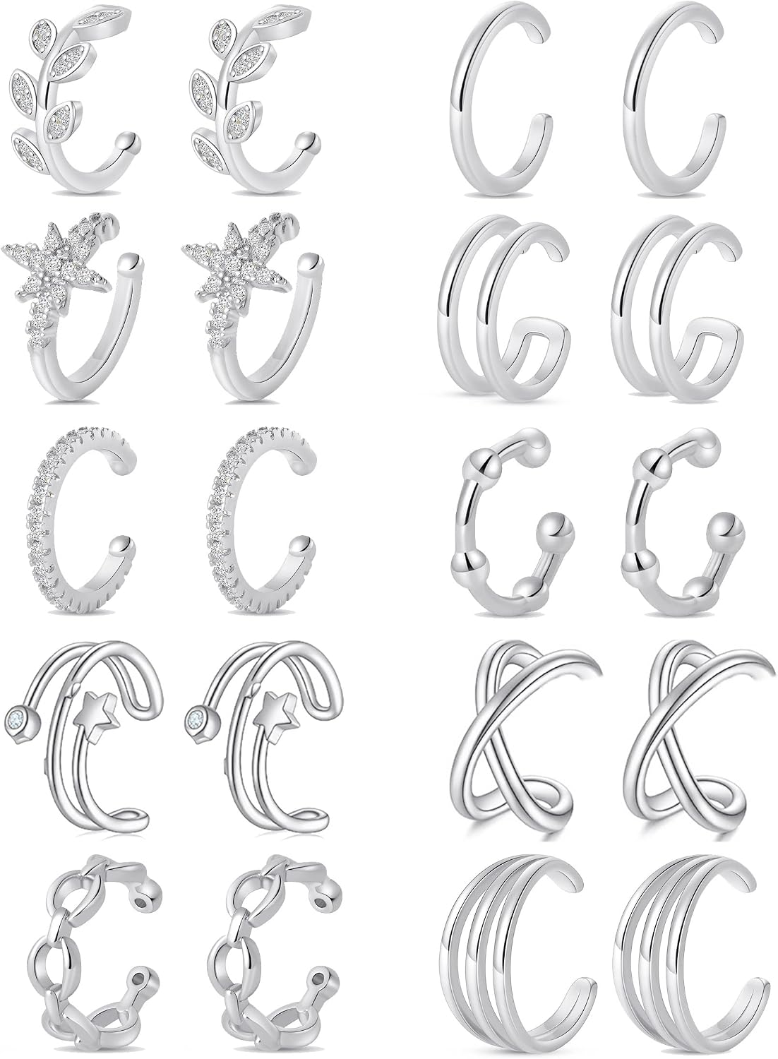 4-10 Pairs Stainless Steel Ear Cuff Helix Cartilage Clip On Wrap Earrings Fake Nose Ring Non-Piercing Adjustable - main view