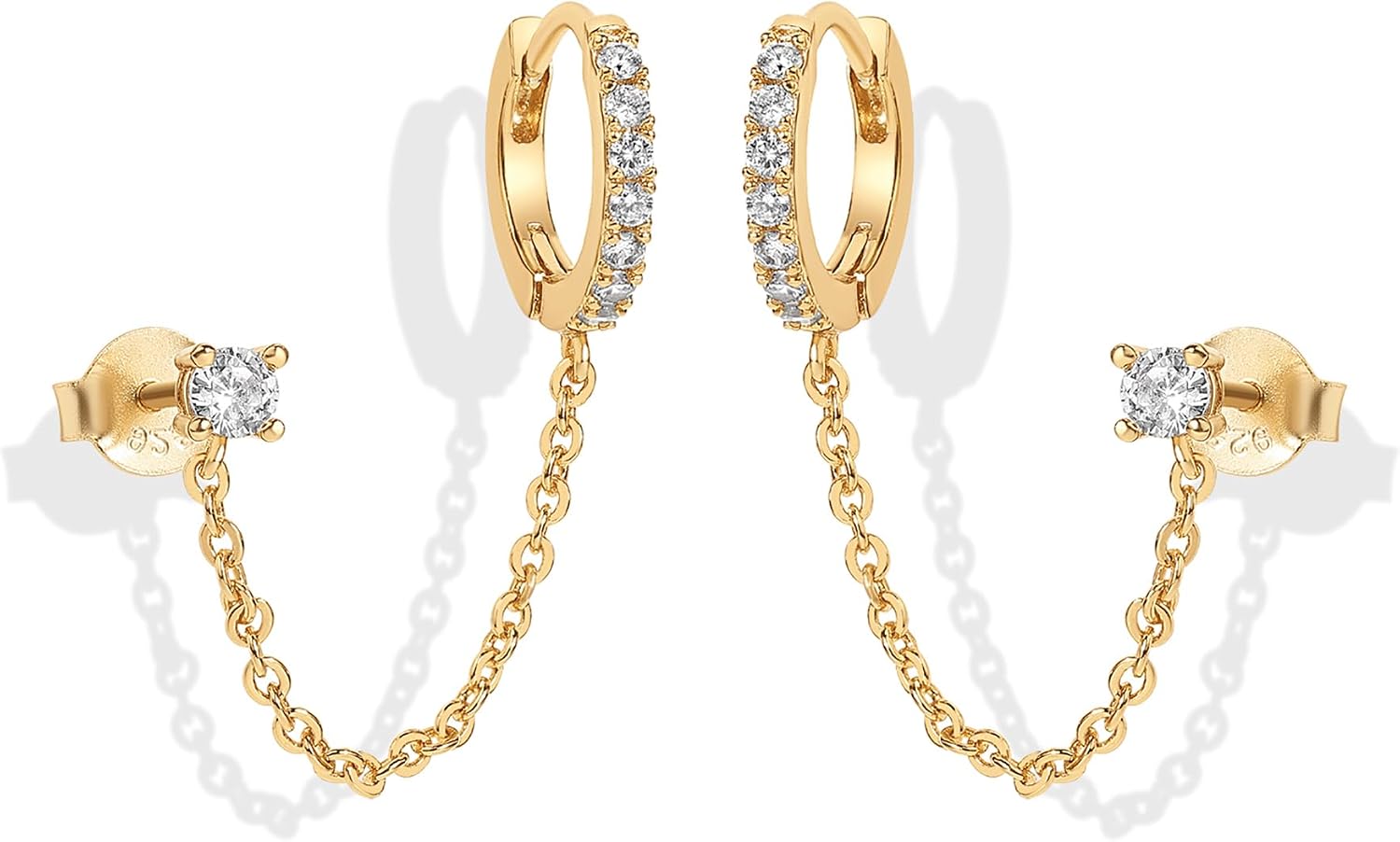 14K Gold Chain Earrings for Women Double Piercing Dangle Chain Huggie Hoop Earrings Cubic Zirconia Pearl Stud Ear Earrings for Women - main view