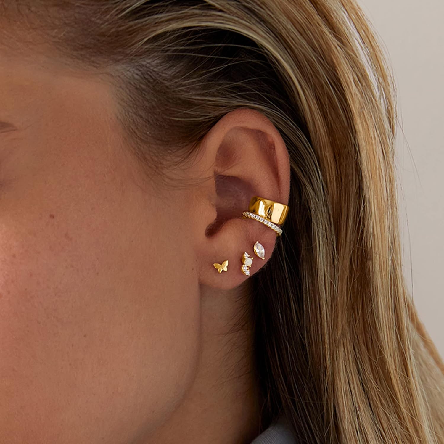 Dainty Flat Back Earrings for Women, 14K Gold Plated CZ Stud Piercing - view 2