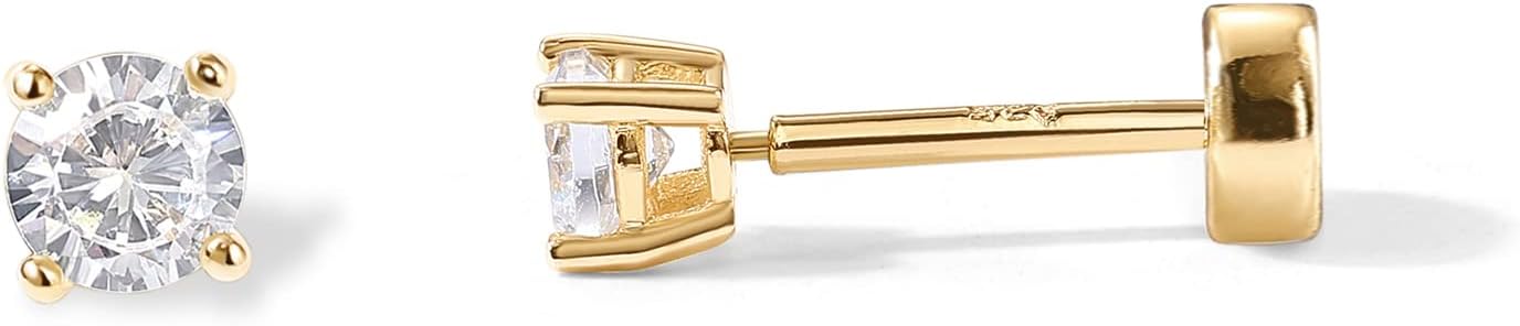 Flat Back Stud Earrings for Women, 14K Gold Plated CZ Cartilage Studs - main view