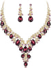 Wedding Bridal Necklace Earrings Jewelry Set for Women - 2Pcs-Deep Amethyst Color Gold-Tone