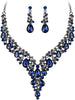 Wedding Bridal Necklace Earrings Jewelry Set for Women - 2Pcs-Sapphire Color Black-Tone
