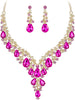 Wedding Bridal Necklace Earrings Jewelry Set for Women - 2Pcs-Hot Pink Gold-Tone