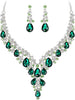 Wedding Bridal Necklace Earrings Jewelry Set for Women - 2Pcs-Emerald Color Silver-Tone