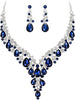 Wedding Bridal Necklace Earrings Jewelry Set for Women - 2Pcs-Sapphire Color Silver-Tone