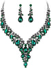 Wedding Bridal Necklace Earrings Jewelry Set for Women - 2Pcs-Emerald Color Black-Tone