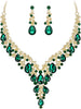 Wedding Bridal Necklace Earrings Jewelry Set for Women - 2Pcs-Green Gold-Tone