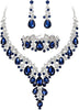 Wedding Bridal Necklace Earrings Jewelry Set for Women - 3Pcs-Sapphire Color Silver-Tone