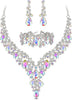 Wedding Bridal Necklace Earrings Jewelry Set for Women - 3Pcs-Iridescent AB Silver-Tone