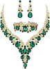 Wedding Bridal Necklace Earrings Jewelry Set for Women - 3Pcs-Emerald Color Gold-Tone