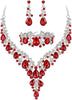 Wedding Bridal Necklace Earrings Jewelry Set for Women - 3Pcs-Ruby Color Silver-Tone