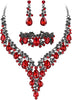 Wedding Bridal Necklace Earrings Jewelry Set for Women - 3Pcs-Ruby Color