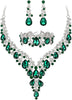 Wedding Bridal Necklace Earrings Jewelry Set for Women - 3Pcs-Emerald Color Silver-Tone