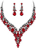 Wedding Bridal Necklace Earrings Jewelry Set for Women - 2Pcs-Ruby Color Black-Tone