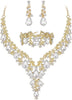 Wedding Bridal Necklace Earrings Jewelry Set for Women - 3Pcs-Clear Gold-Tone