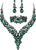 Wedding Bridal Necklace Earrings Jewelry Set for Women - 3Pcs-Emerald Color Black-Tone
