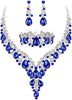 Wedding Bridal Necklace Earrings Jewelry Set for Women - 3Pcs-Blue Silver-Tone
