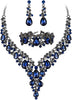 Wedding Bridal Necklace Earrings Jewelry Set for Women - 3Pcs-Sapphire Color Black-Tone