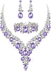 Wedding Bridal Necklace Earrings Jewelry Set for Women - 3Pcs-Purple Silver-Tone