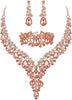 Wedding Bridal Necklace Earrings Jewelry Set for Women - 3Pcs-Peach Rose-Gold-Tone