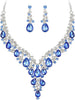 Wedding Bridal Necklace Earrings Jewelry Set for Women - 2Pcs-Navy Blue Silver-Tone