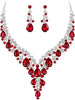 Wedding Bridal Necklace Earrings Jewelry Set for Women - 2Pcs-Ruby Color Silver-Tone