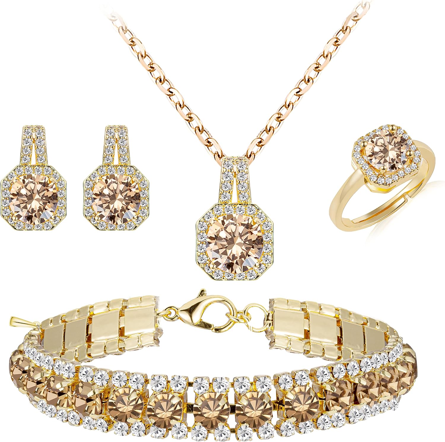 4pcs Cubic Zirconia Wedding Jewelry Sets for Bride Cubic Zirconia Pendant Necklace Earrings Link Tennis Bracelet Open Ring Set for Women - main view