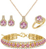 4pcs Cubic Zirconia Wedding Jewelry Sets for Bride Cubic Zirconia Pendant Necklace Earrings Link Tennis Bracelet Open Ring Set for Women - Gold Plated Pink Cubic Zirconia