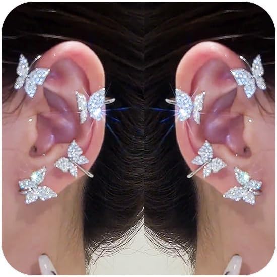 Butterfly Ear Cuffs Earrings Rhinestone Butterfly Ear Wrap No Piercing Ear Cuff Clip On Earrings for Women - main view