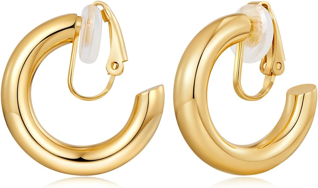Clip on Earrings for Women, Simple Chunky Tube Hoop Clip Earrings - main view