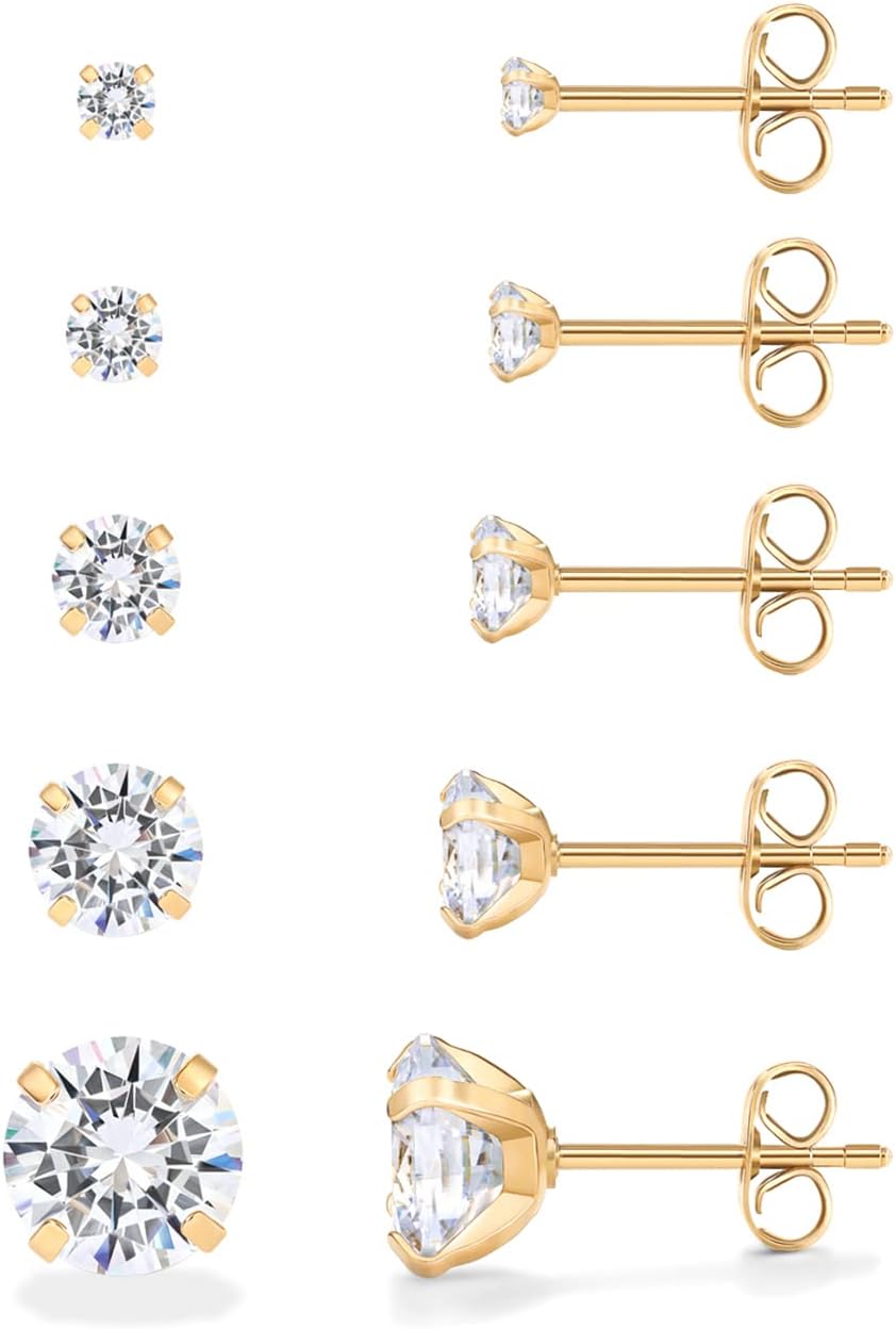 CZ Stud Earrings for Women, 14K Gold Plated Set of 5 Studs - main view