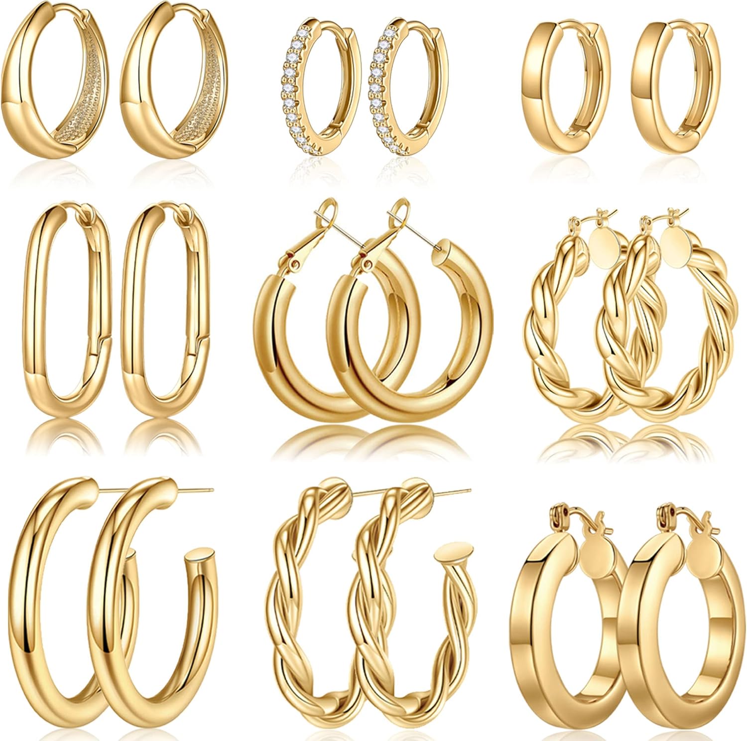 9 Pairs Gold Hoop Earrings for Women, 14K Real Gold Plated Chunky Hoop Earrings Set for Women Thick Lightweight Earring for Womens Jewelry Gifts - main view