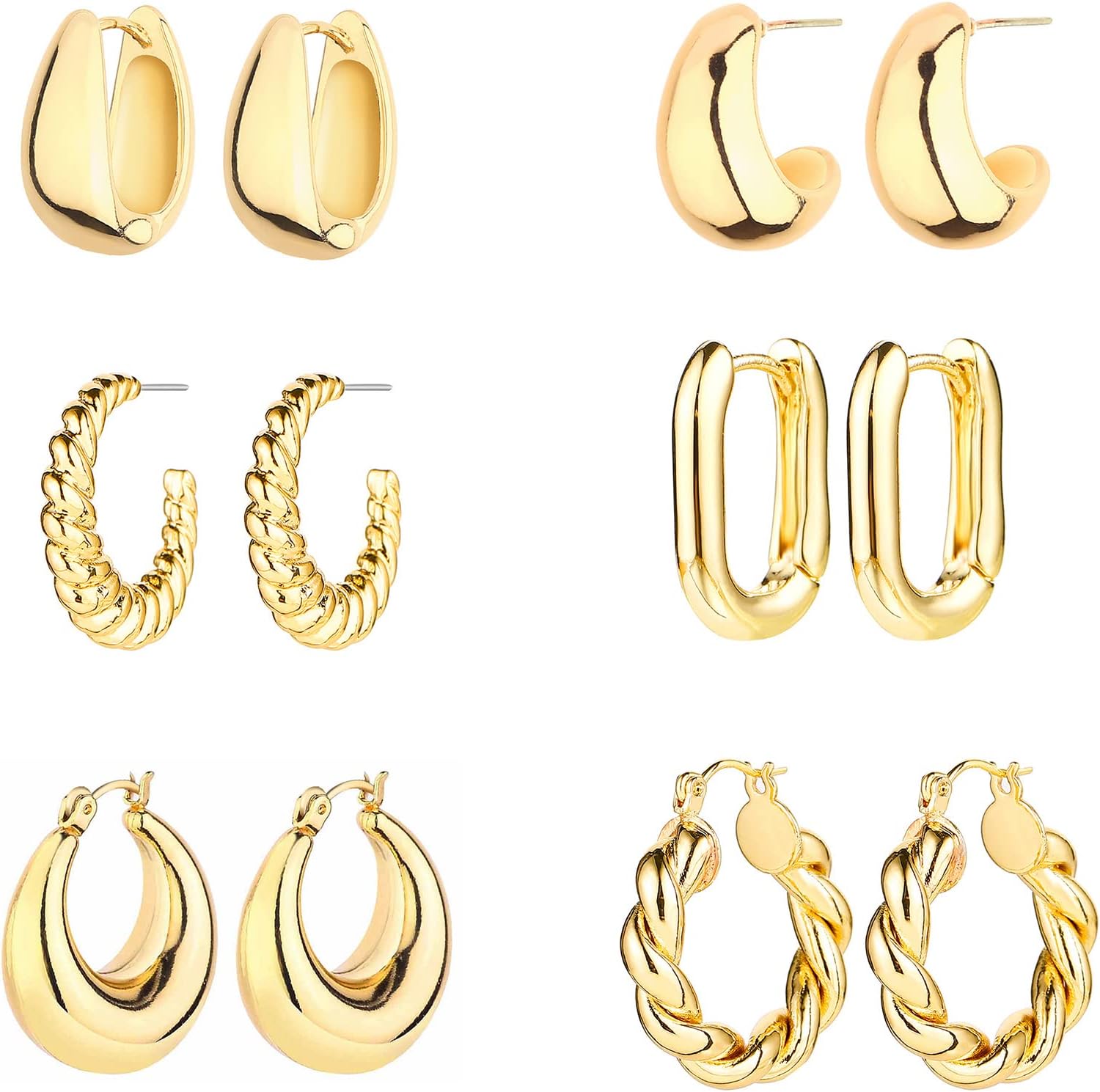 6 Pairs 14K Gold Plated Hoop Earrings for Women Lightweight Chunky Hoop Earrings Multipack, Thick Open Twisted Huggie Hoops Earring Set Jewelry for - main view