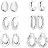 6 Pairs 14K Gold Plated Hoop Earrings for Women Lightweight Chunky Hoop Earrings Multipack, Thick Open Twisted Huggie Hoops Earring Set Jewelry for - Silver