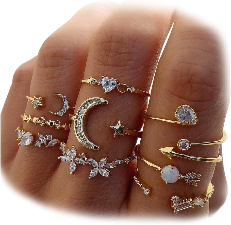 Gold Stackable Rings for Women, Moon Star Knuckle Midi Ring Set - main view