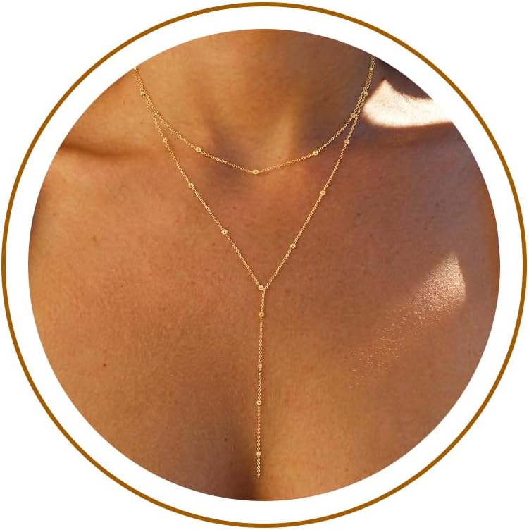 Lariat Gold Necklace for Women with Dainty Long Necklace 14k Gold Plated Silver Y Shaped Pendant Necklace Layered Cz Beaded Chain Drop Necklaces - main view