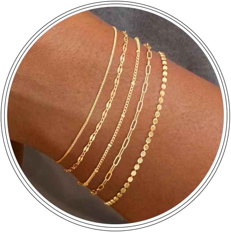 Dainty Simple Gold Bracelets for Women with Stackable Satellite Paperclip Lip 14K Gold Plated Bracelet Set Tiny Lip Dot Chain Box Link for Minimalist - main view