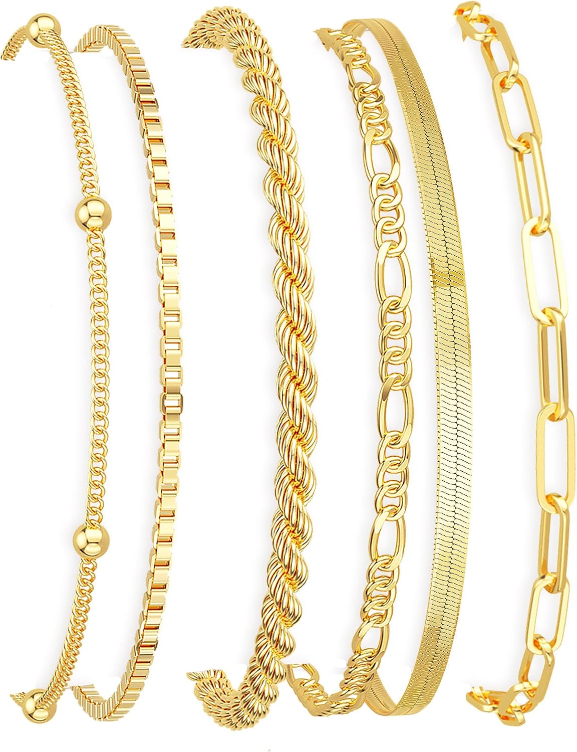 Gold Bracelets for Women with 14K Gold Plated Minimalist Bracelets Stack Dainty Herringbone Vintage Cuban Paperclip Rope Thin - main view