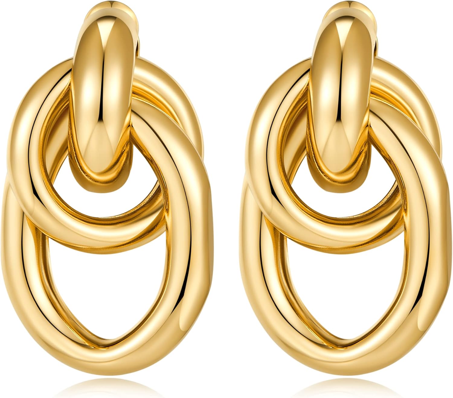 Gold Chunky Earrings for Women Geometric Knot Link Drop Dangle Earrings 14K Gold Plated Statement Earrings Trendy Gold Jewelry - main view