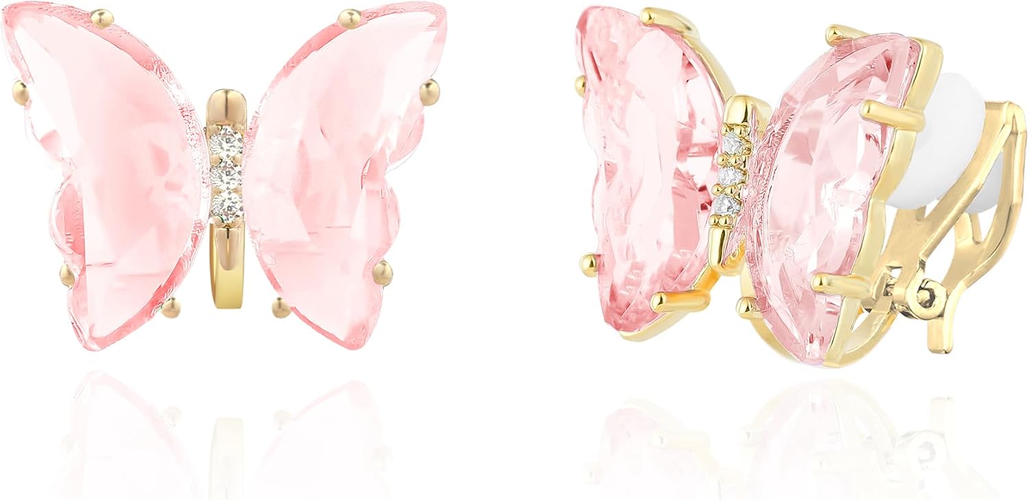 Butterfly Shape Crystal Clip On Earrings Non Pierced Golden Stud for Women - main view