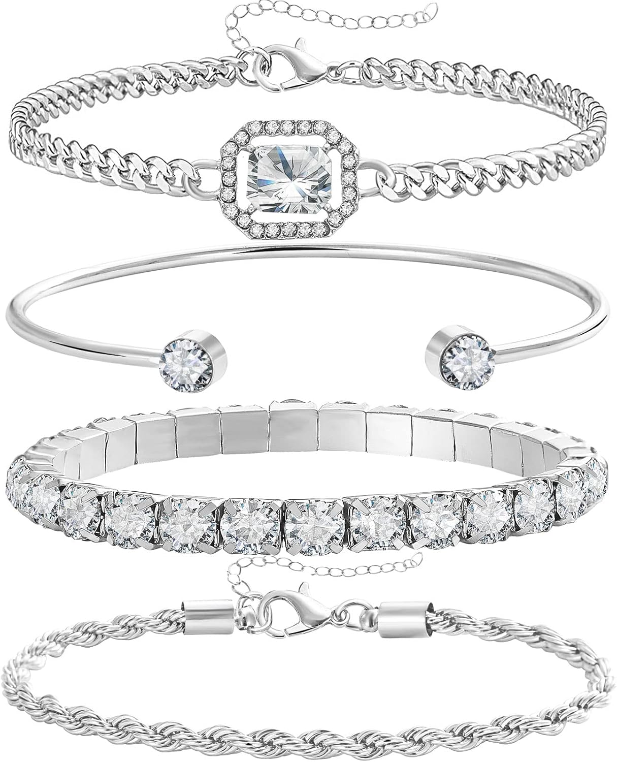 4 PCS Dainty Gold Silver Bracelets Set for Women with 14K Plated Link Cubic Zirconia Paperclip Bracelet Stake Layering Chain Adjustable Hand Jewelry - main view